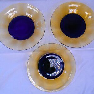 Three- MCM Vintage Amber & Cobalt Blue Glass Dessert Plates Vintage